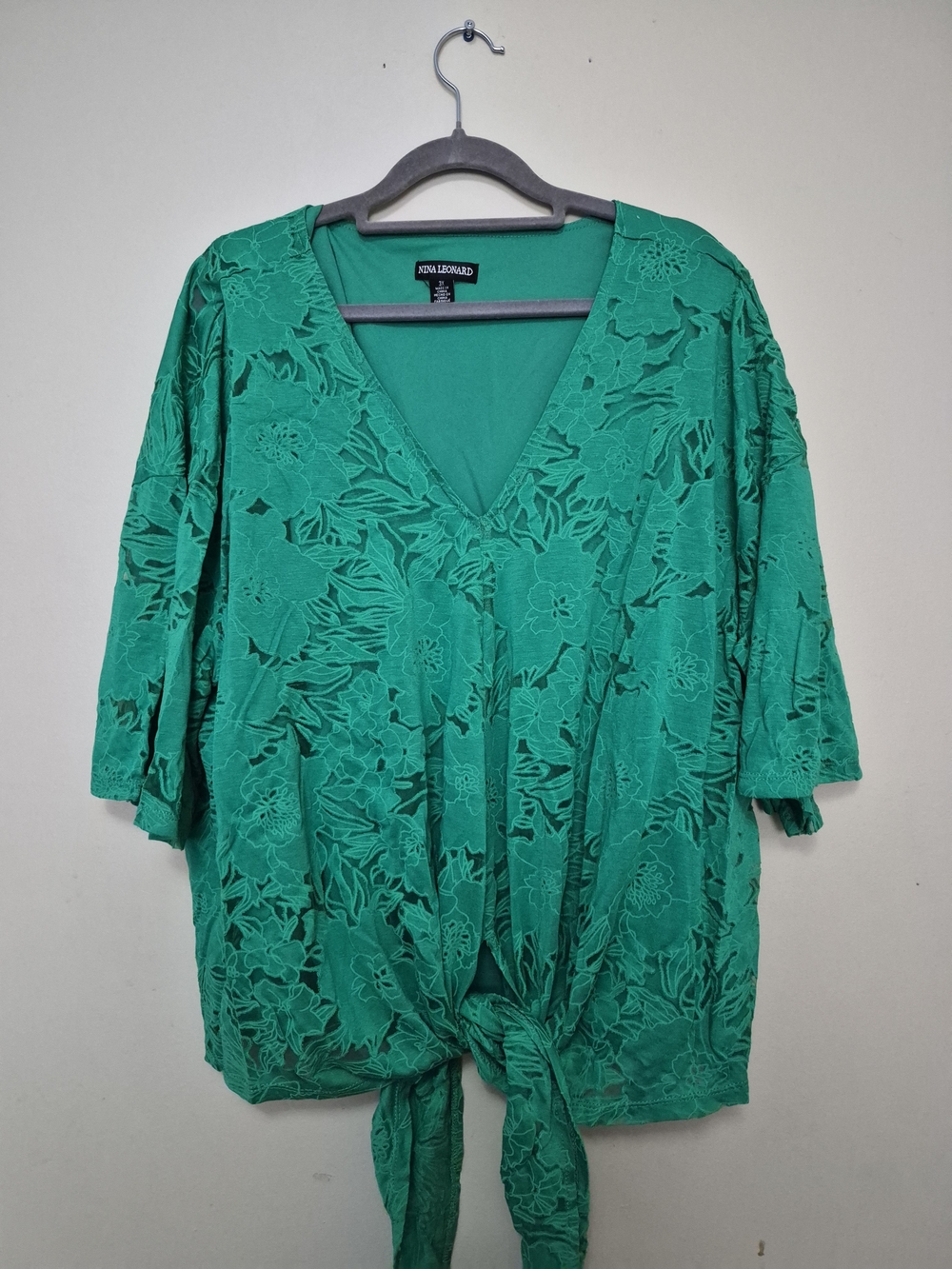 Nina Leonard Emerald Green V-Neck Tie-Front Lace Top